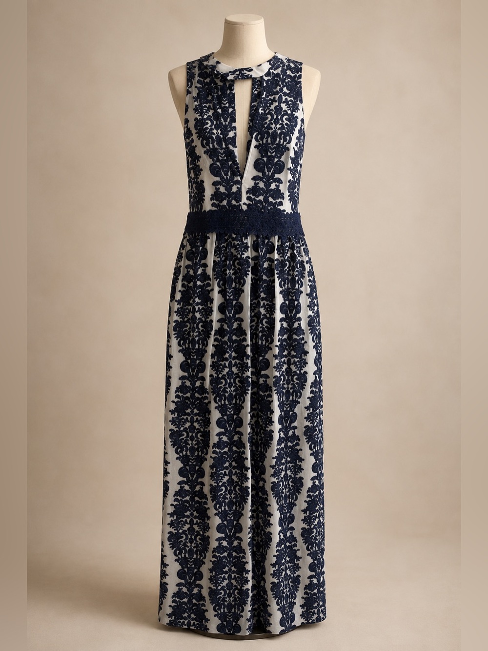Navy and Cream Damask Sleeveless Maxi Dress